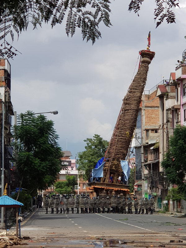 The Rato Machhendranath chariot secured by the riot police after clashes in Lalitpur, on September 3.