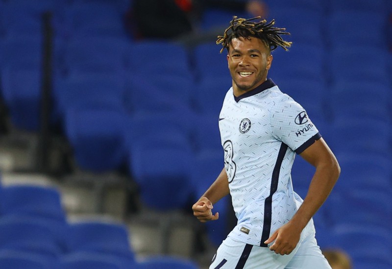 Chelsea's Reece James celebrates scoring their second goal during the Premier League match between Brighton & Hove Albion and Chelsea , at The American Express Community Stadium, in Brighton, Britain, on September 14, 2020. . Photo: Pool via Reuters