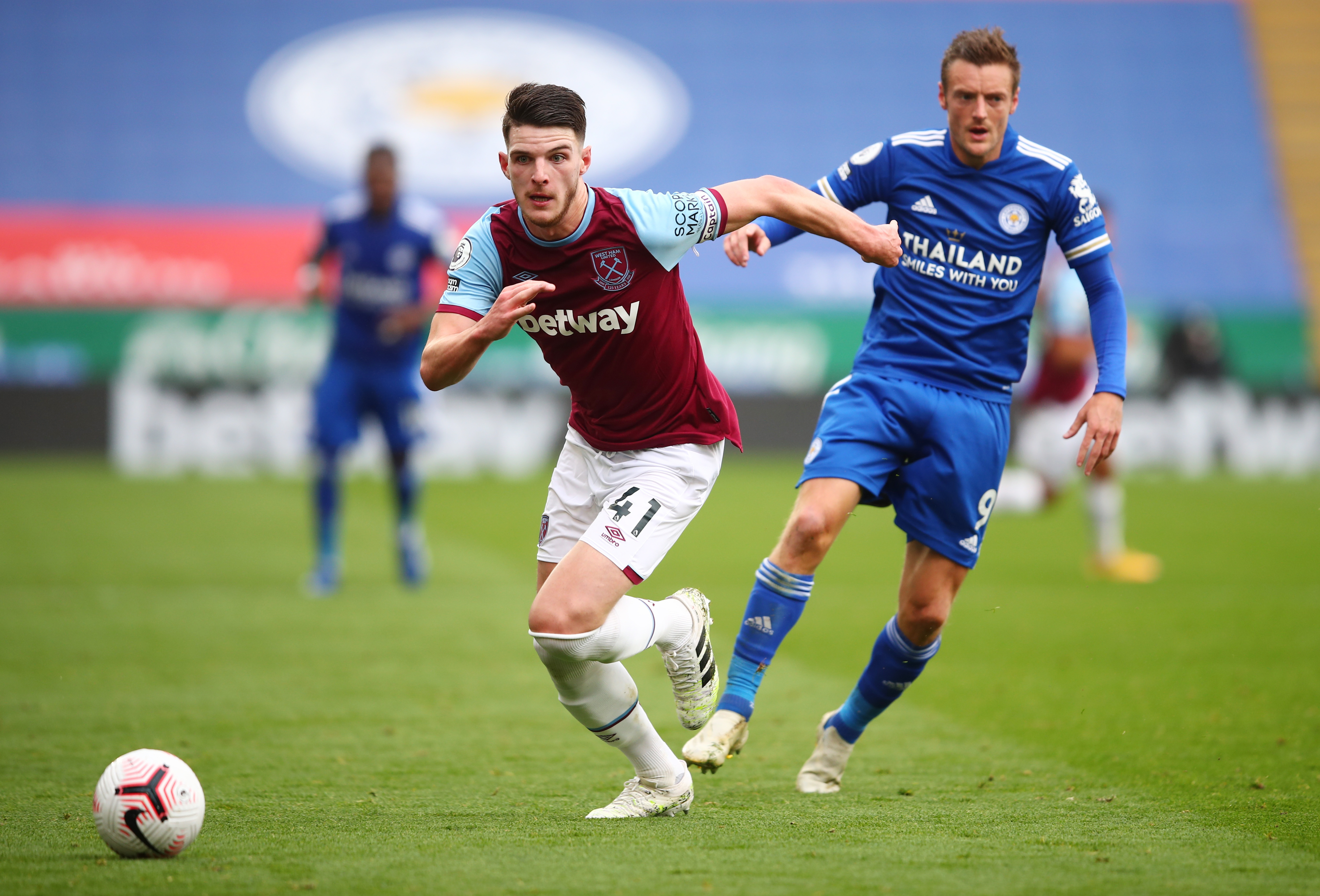West Ham United's Declan Rice in action with Leicester City's Jamie Vardy. Photo: Reuters
