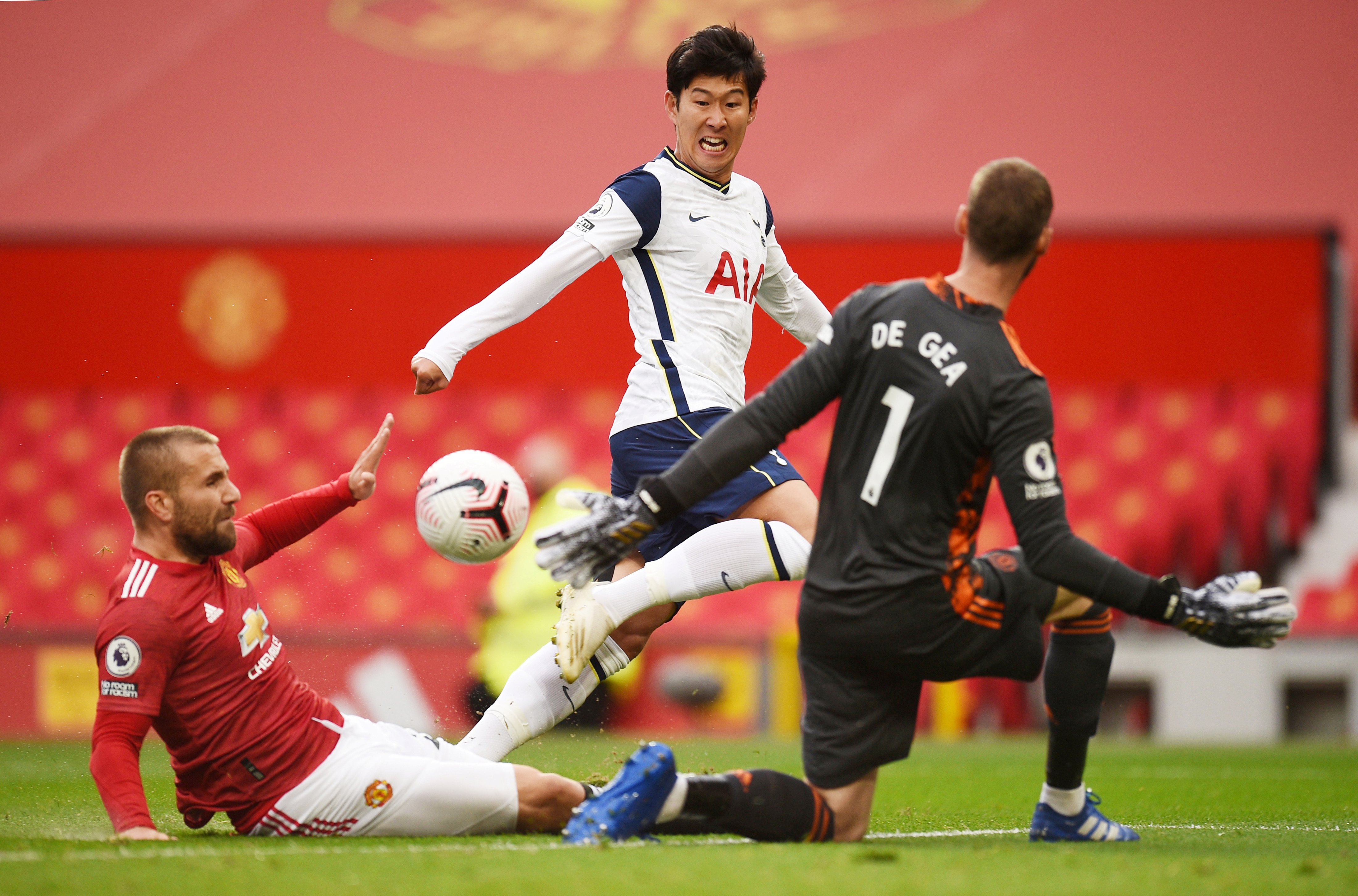 Tottenham Hotspur's Son Heung-min scores their second goal n during the Premier League match between Manchester United and Tottenham Hotspur, at  Old Trafford, in Manchester, Britain, on October 4, 2020. Photo: Pool via Reuters