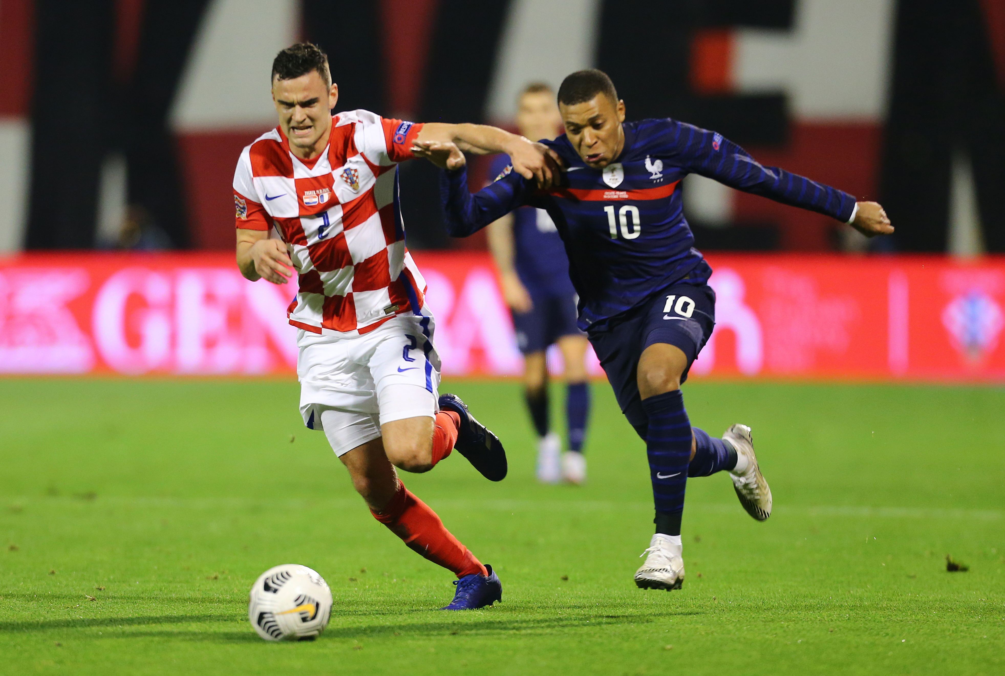 France's Kylian Mbappe in action with Croatia's Filip Uremovic  during their UEFA Nations League League A Group 3 match at  Stadion Maksimir, Zagreb, Croatia, at October 14, 2020. Photo: Reuters