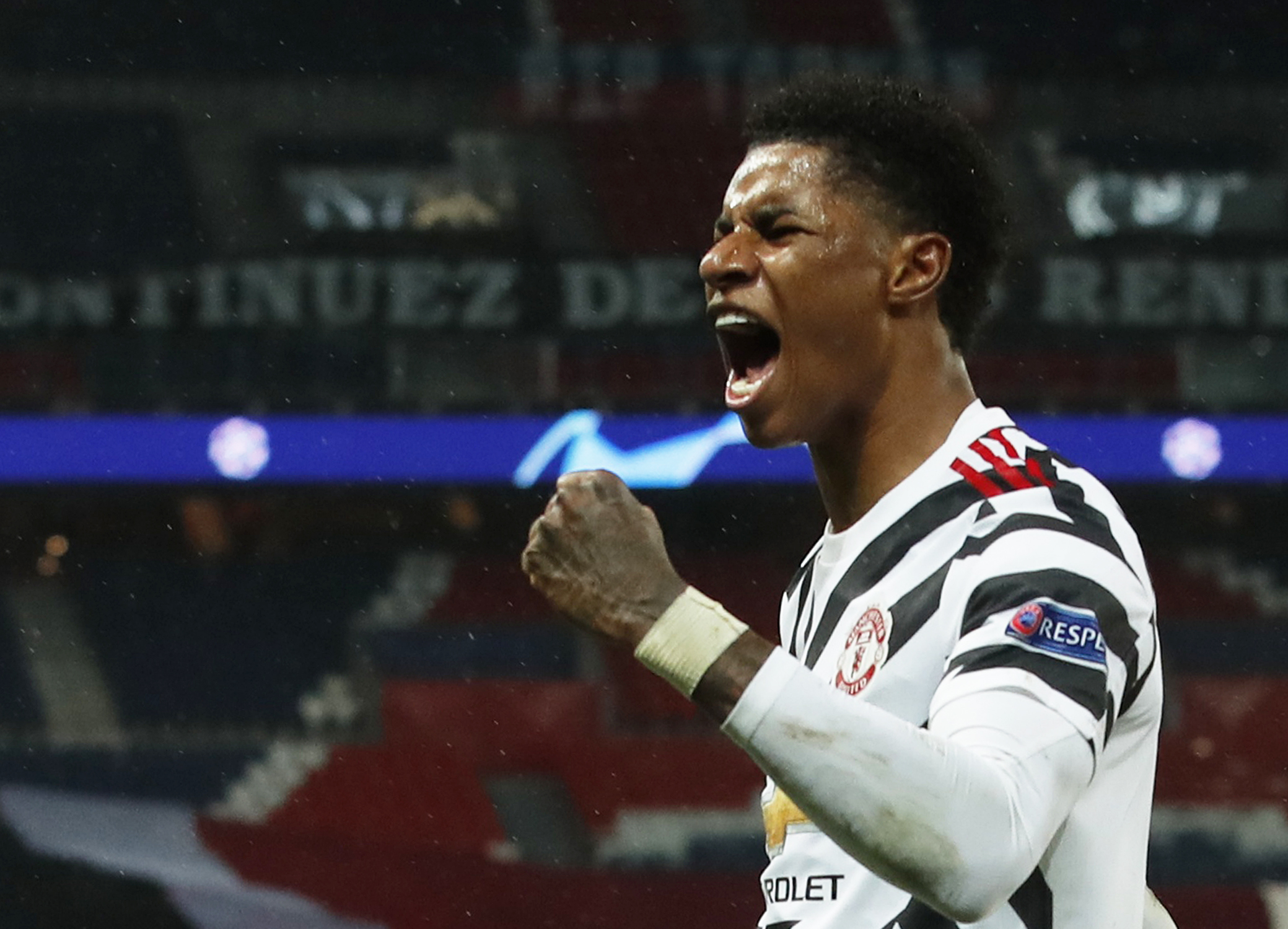 Manchester United's Marcus Rashford celebrates scoring their second goal  during the Champions League Group H match between Paris St Germain and Manchester United, at Parc des Princes, in Paris, France, on October 20, 2020. Photo: Reuters