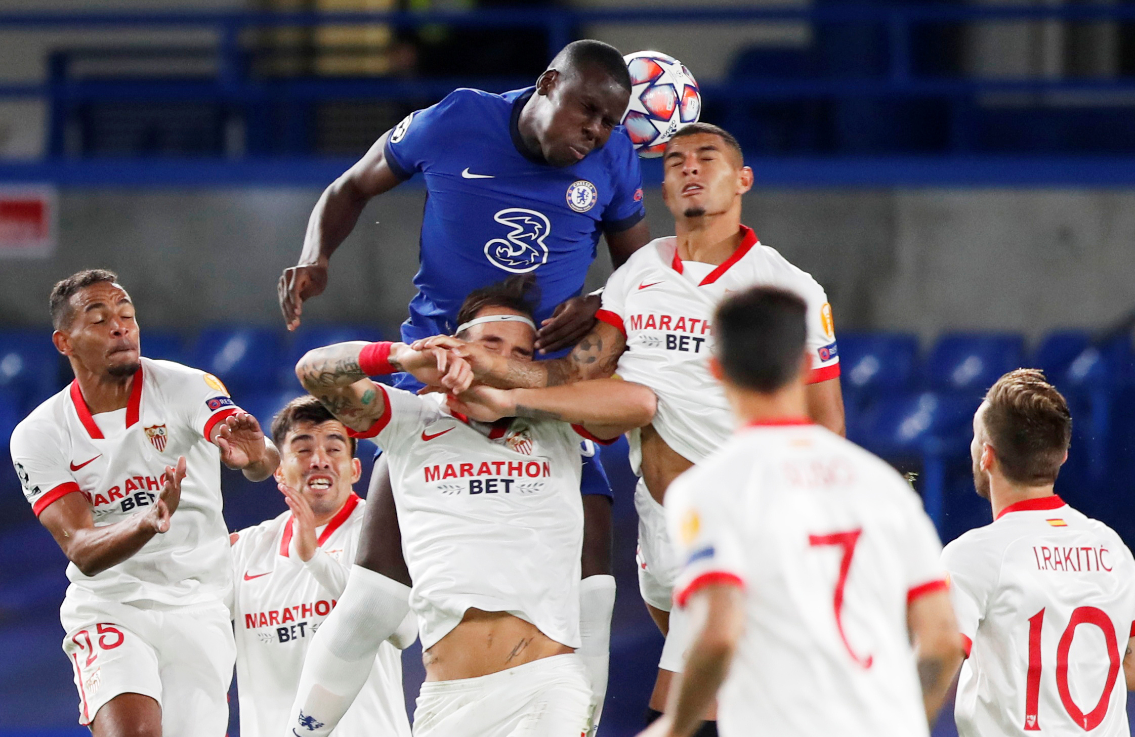 Chelsea's Kurt Zouma heads at goal during the Champions League Group E match between Chelsea and Sevilla, at  Stamford Bridge, in London, Britain, on  October 20, 2020. Photo: Pool via Reuters
