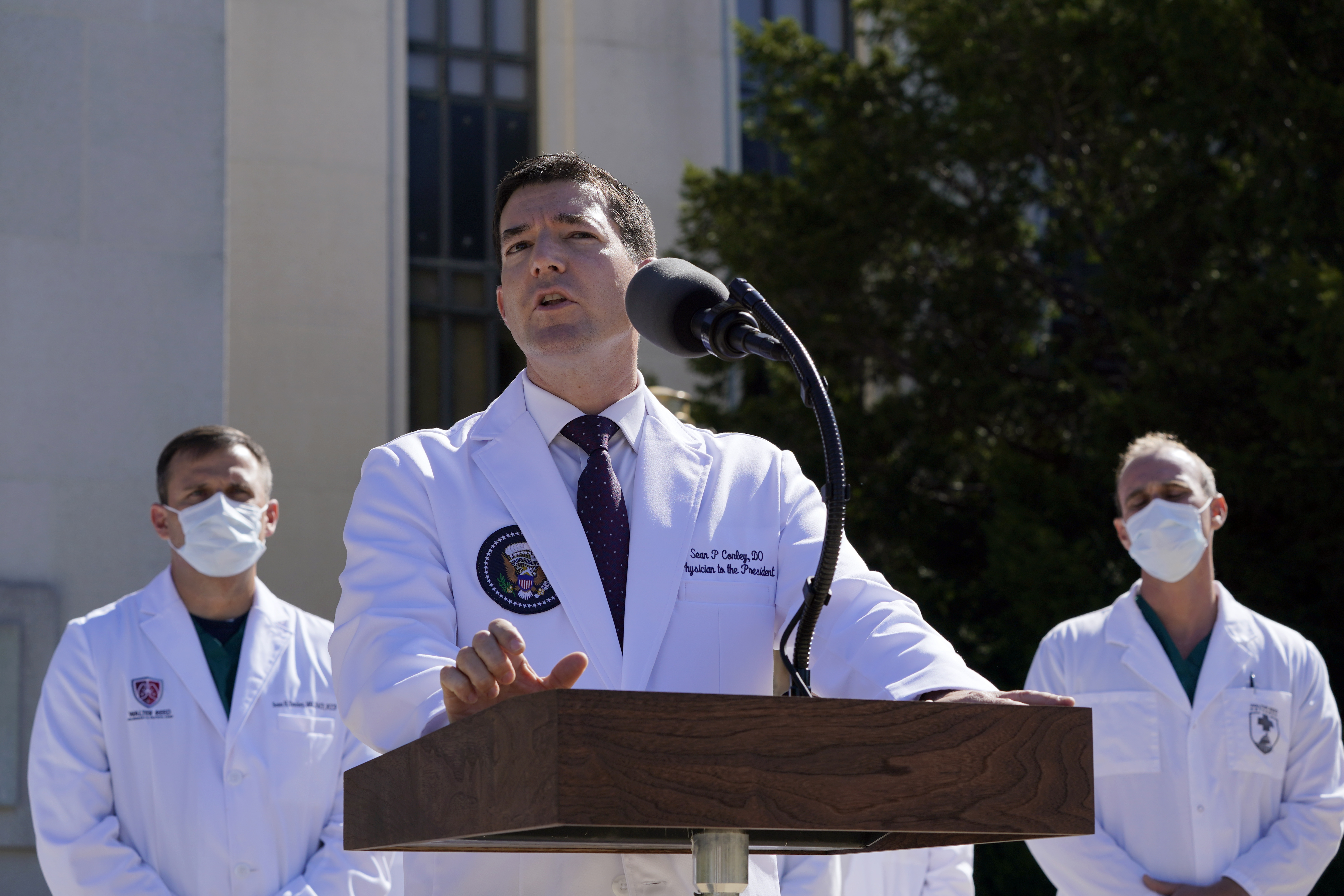 Dr. Sean Conley, physician to President Donald Trump, briefs reporters at Walter Reed National Military Medical Center in Bethesda, Md., Saturday, Oct. 3, 2020. Trump was admitted to the hospital after contracting the coronavirus. Photo; AP