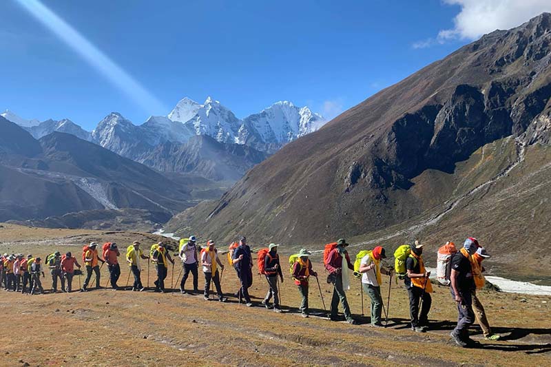 Bahrain Prince Mohamed Hamad Mohamed Al Khalifa along with record-holder Sherpa climbers heading to scale Mt Lobuche in the Everest region, on Saturday, October 3, 2020. Photo: THT