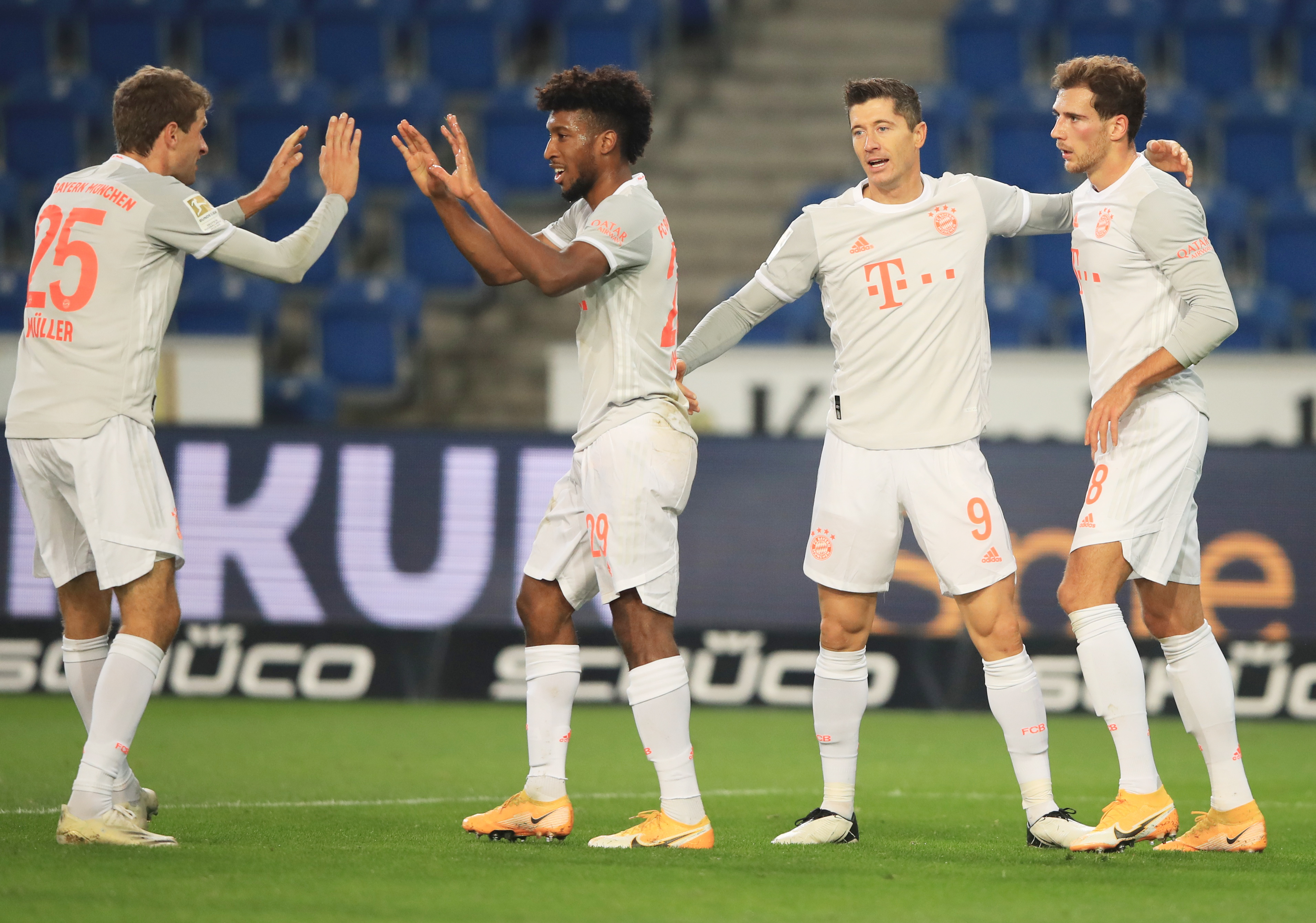 Bayern Munich's Robert Lewandowski celebrates scoring their second goal with teammates. Photo: Reuters