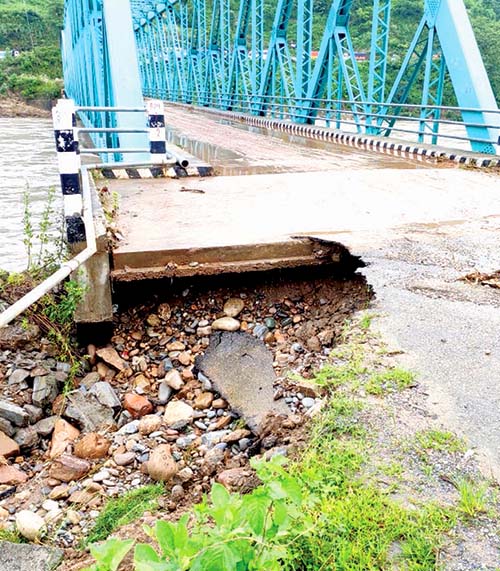 A view of a damaged bridge over the Trishuli River, in Tanahun, on Wednesday, October 7, 2020. Photo: THT