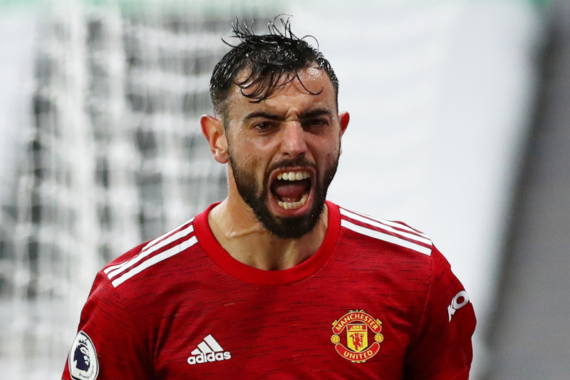 Manchester United's Bruno Fernandes celebrates scoring their second goal during the Premier League match between Newcastle United and Manchester United, at St James' Park, in  Newcastle, Britain, on October 17, 2020. Photo: Pool via Reuters