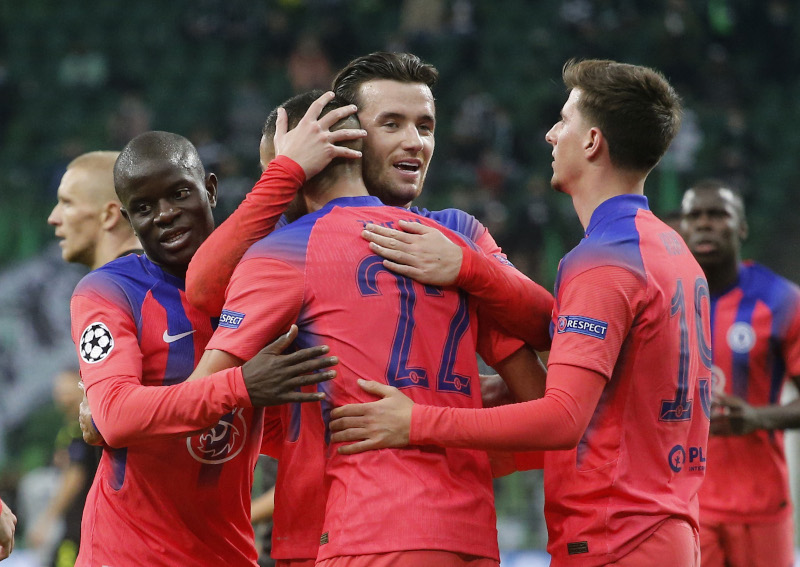 Chelsea's Hakim Ziyech celebrates scoring their third goal with Ben Chilwell, Mason Mount and N'Golo Kante during the Champions League  Group E match between  FC Krasnodar and Chelsea, at Krasnodar Stadium, in Krasnodar, Russia, on October 28, 2020. Photo: Reuters