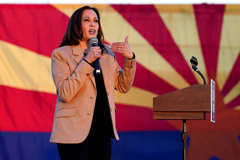Democratic vice presidential candidate Senator Kamala Harris, D-Calif., speaks at a mobile campaign event, on Wednesday, October 28, 2020, in Phoenix. Photo: AP