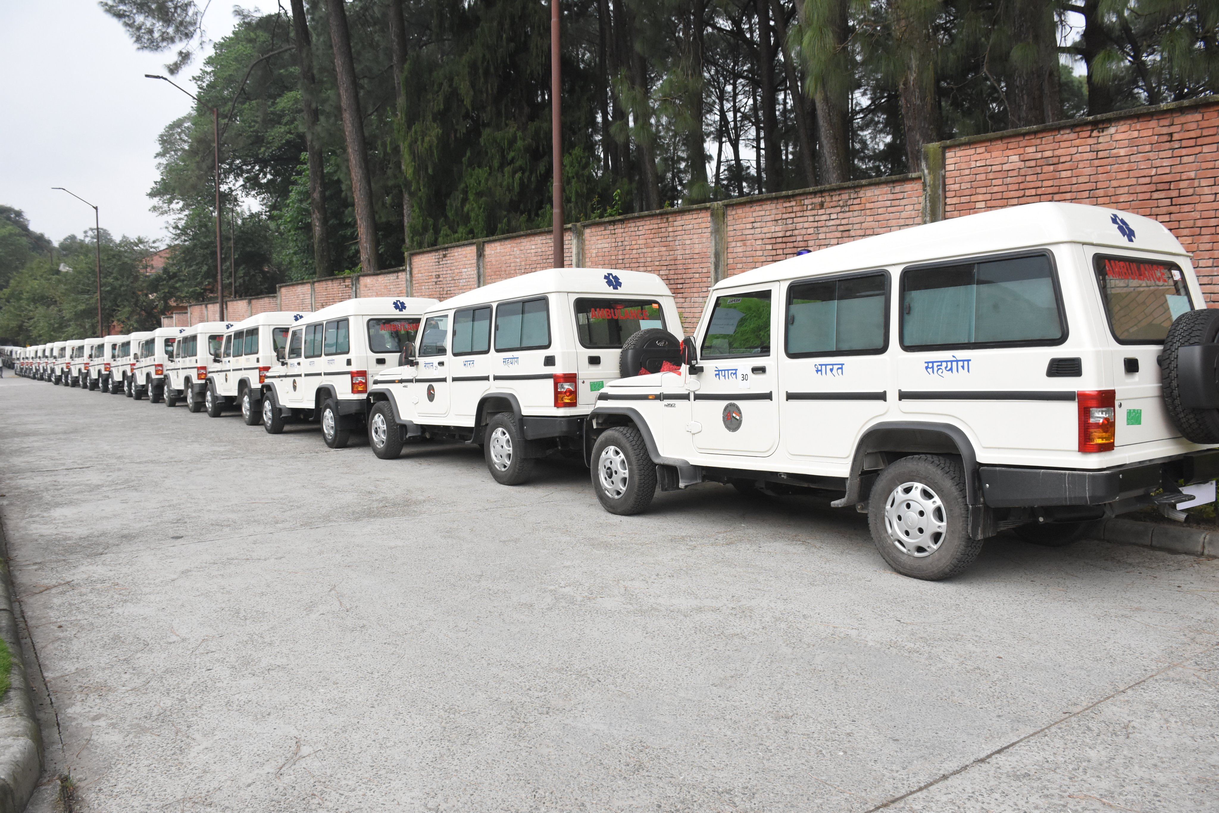 Ambulances gifted by India to Nepal on the occasion of 151st Gandhi Jayanti in Kathmandu on Friday. Photo Courtesy: IndiainNepal/twitter