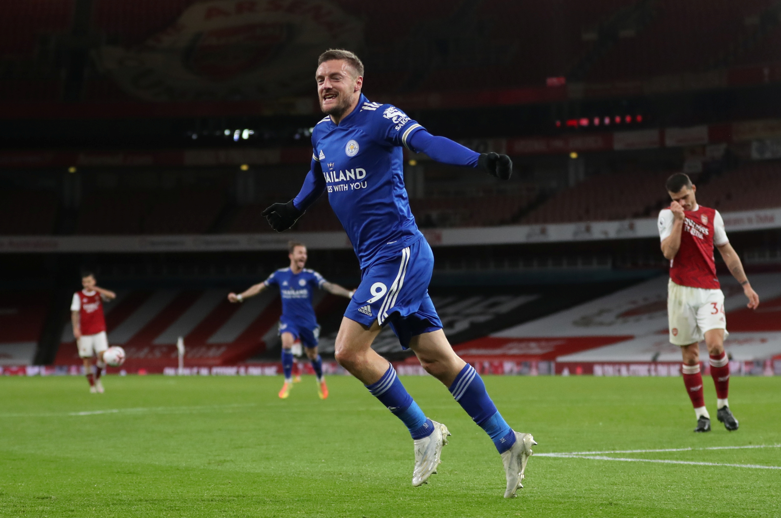 Leicester City's Jamie Vardy celebrates scoring their first goal during the Premier League match between Arsenal and Leicester City, at Emirates Stadium, in London, Britain, on October 25, 2020. Photo: Pool via Reuters
