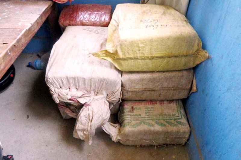 A view of packages of marijuana seized by police in Manaharwa of Mirchaiya Municipality-1 in Siraha district, on Sunday, October 18, 2020. Photo: Ashish BK/THT