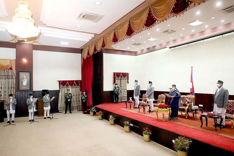 President Bidhya Devi Bhandari administers the oath of Office and Secrecy to the newly appointed ministers, at a function organised at the President's office in Shital Niwas, Kathmandu, on Thursday, October 15, 2020. Photo courtesy: Office of the President of Nepal