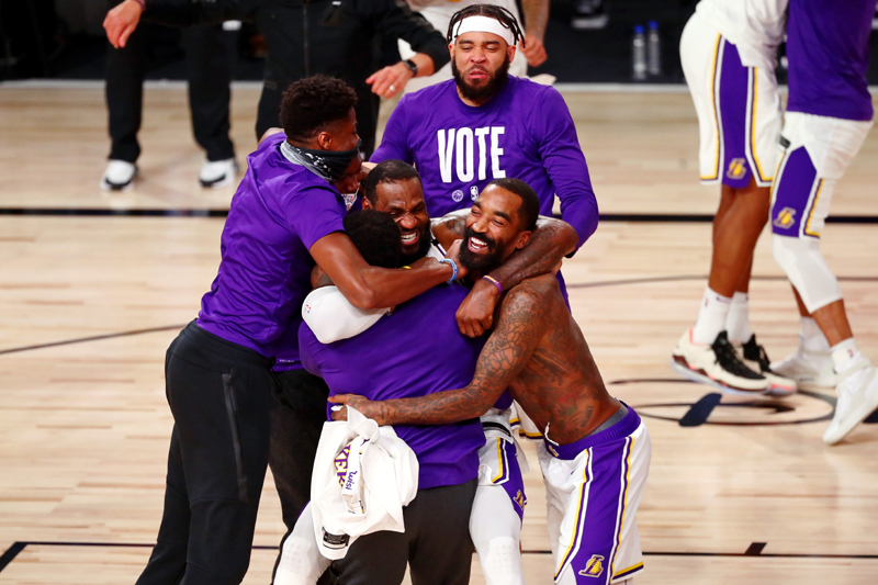 The Los Angeles Lakers celebrate after their win over the Miami Heat after game six of the 2020 NBA Finals at AdventHealth Arena, Lake Buena Vista, Florida, USA, Oct 11, 2020. Photo: Reuters