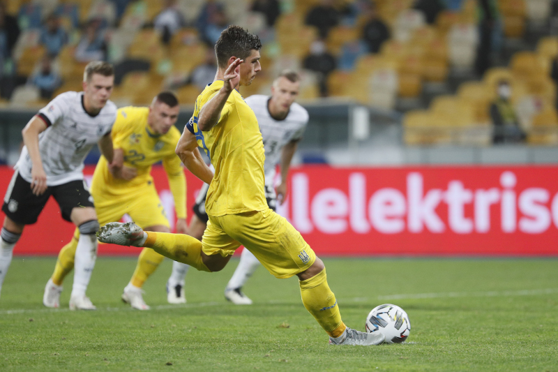 Ukraine's Ruslan Malinovskyi scores their first goal from the penalty spot during the UEFA Nations League, League A,  Group 4 match between Ukraine and Germany, at NSC Olympiyskiy, in Kyiv, Ukraine, on October 10, 2020. Photo: Reuters