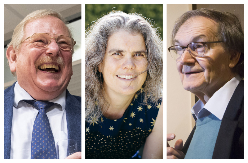 This combination of 2020 and 2015 photos shows, from left, Reinhard Genzel, astrophysicist at the Max Planck Institute for Extraterrestrial Physics; Andrea Ghez, professor of physics and astronomy at UCLA, and Roger Penrose, of the University of Oxford. On Tuesday, Oct. 6, 2020, they shared the Nobel Prize in Physics for advancing our understanding of black holes. Photo: Matthias Balk/dpa, Elena Zhukova/UCLA, Danny Lawson/PA via AP