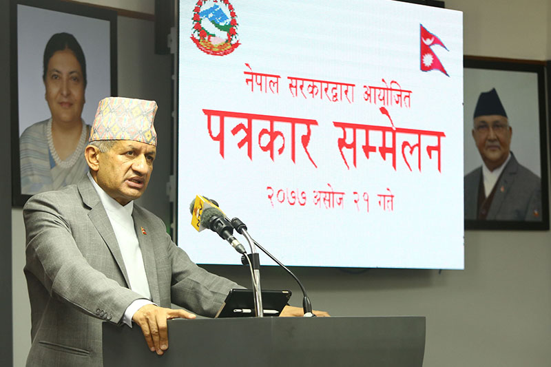 Government Spokesperson and Minister for Foreign Affairs Pradeep Kumar Gyawali addressing a press conference to disclose the decisions taken by the Cabinet, organised at the Ministry of Communication and Information Technology, in Singha Durbar, Kathmandu, on Wednesday, October 7, 2020. Photo: RSS