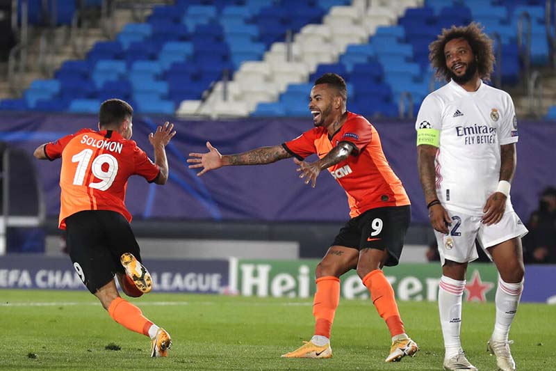 Shakhtar's Manor Solomon celebrates after scoring his side's third goal during the Champions League, group B soccer match between Real Madrid and Shakhtar Donetsk at Alfredo di Stefano stadium in Madrid, Spain, on Wednesday, October 21, 2020.Photo: AP