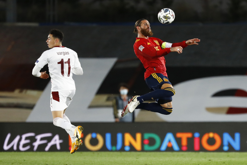 Spain's Sergio Ramos in action with Switzerland's Ruben Vargas during their UEFA Nations League, League A, Group 4 match at Estadio Alfredo Di Stefano, in Madrid, Spain, on October 10, 2020. Photo: Reuters