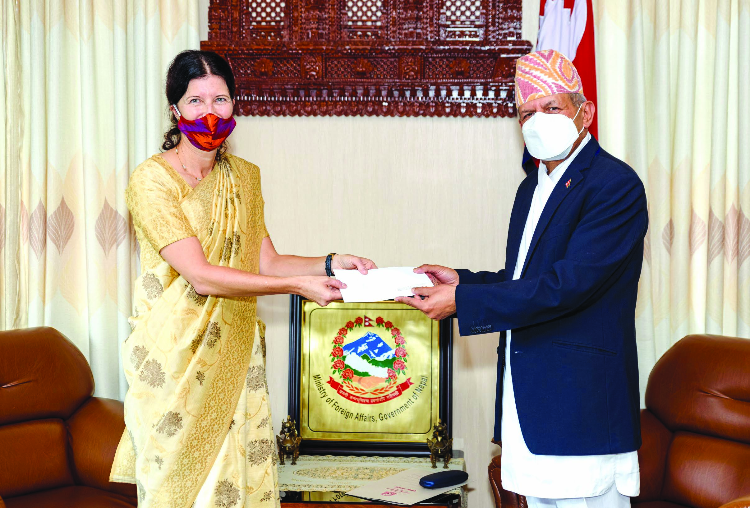 Newly-appointed UNHCR Representative in Nepal Carolin Spannuth Verma presenting her Letter of Credentials to Minister of Foreign Affairs Pradeep Kumar Gyawali, in Kathmandu, on Tuesday. Photo courtesy: MoFA