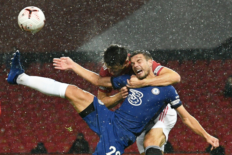 Manchester United's Harry Maguire in action with Chelsea's Cesar Azpilicueta during their Premier League match at Old Trafford, in Manchester, Britain, on October 24, 2020. Photo: Pool via Reuters