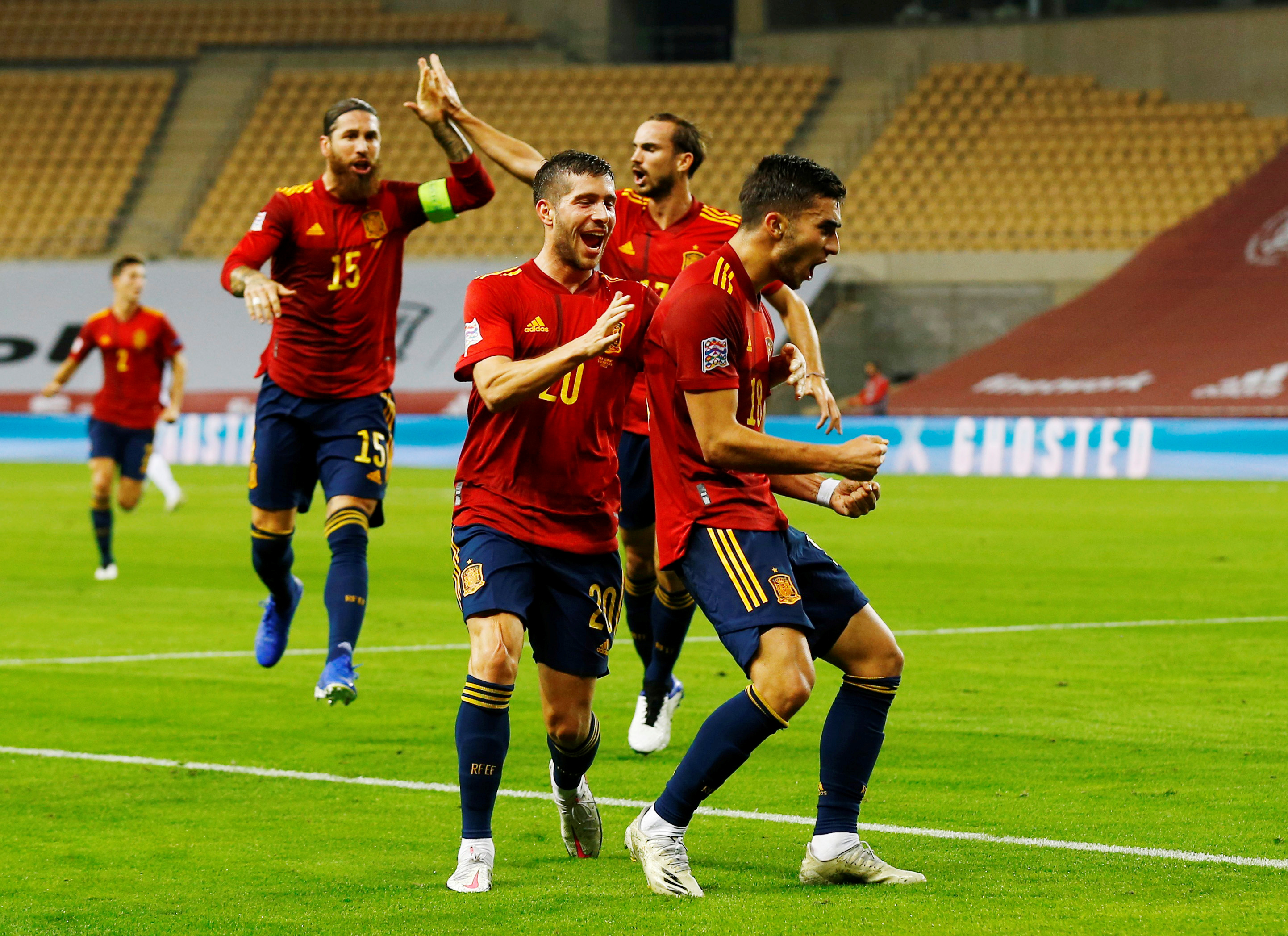 Spain's Ferran Torres celebrates scoring their second goal  during the UEFA Nations League  Group D match between Spain and Germany, at Estadio La Cartuja, in Seville, Spain, on  November 17, 2020. Photo: Reuters