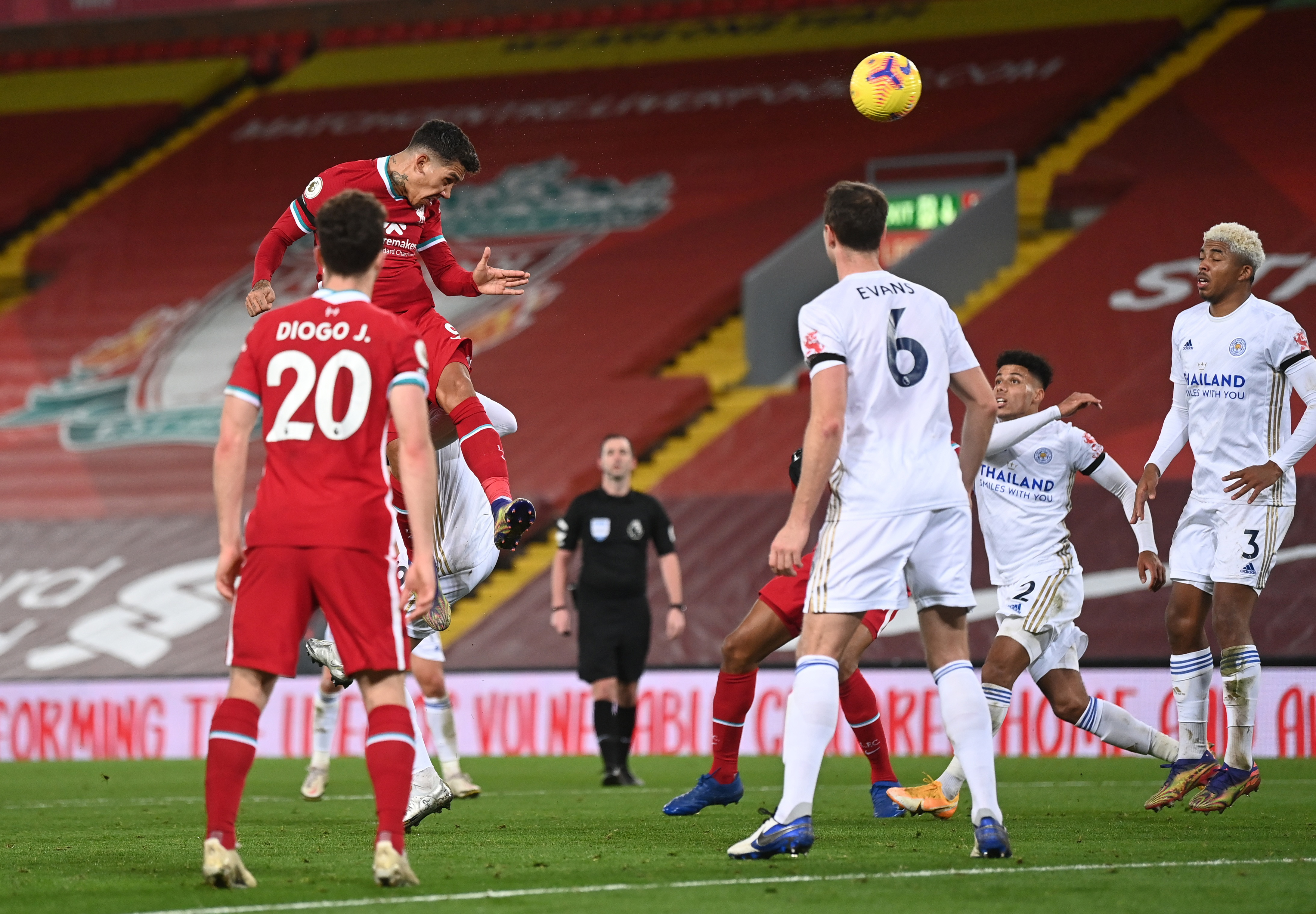 Liverpool's Roberto Firmino scores their third goal during the Premier League match between Liverpool and Leicester City, at Anfield, in Liverpool, Britain, on November 22, 2020. Photo: Pool via Reuters