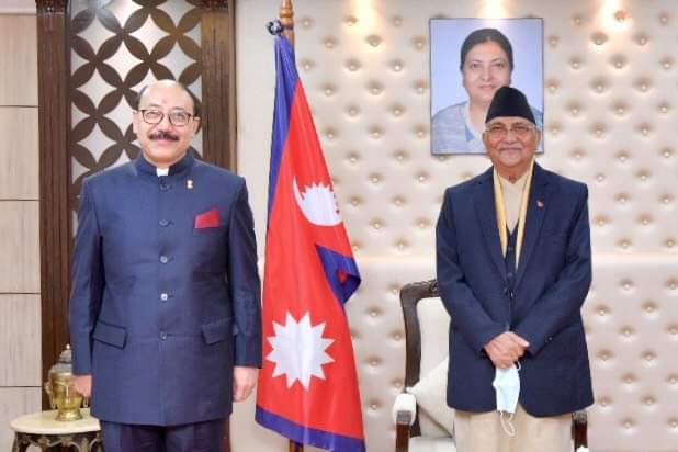 Indian Foreign Secretary Harsh Vardhan Shringla with Prime Minister KP Sharma Oli on the first day of his two-day visit to Nepal, in Kathmandu, on Thursday, November 26, 2020. Photo courtesy: PM's Secretariat