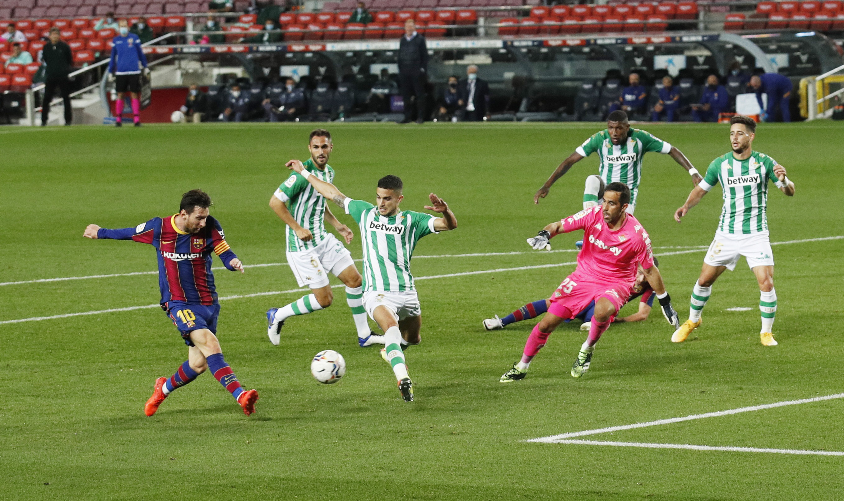 Barcelona's Lionel Messi scores a disallowed goal n during the La Liga Santander match between FC Barcelona and Real Betis, at Camp Nou, in Barcelona, Spain, on November 7, 2020. Photo: Reuters