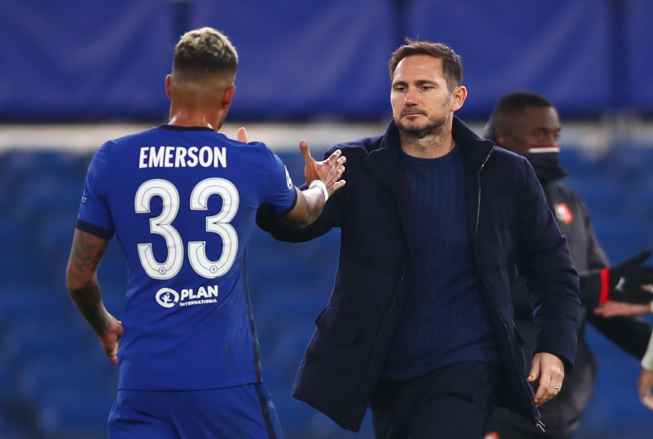 Chelsea manager Frank Lampard with Chelsea's Emerson after the match. Photo: Reuters