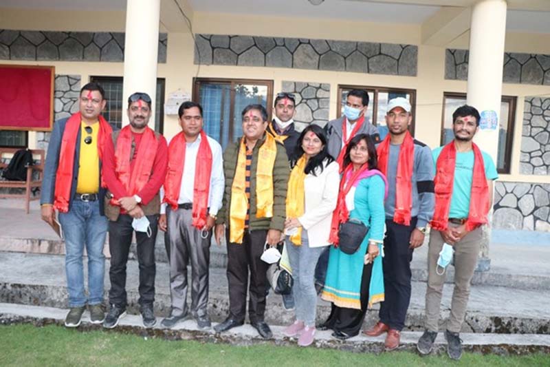 The elected members of Hydroelectric Journalists' Society pose for a photograph in Machhapuchchhre Rural Municipallity of Kaski district , on Sunday, November 1, 2020. Photo: THT