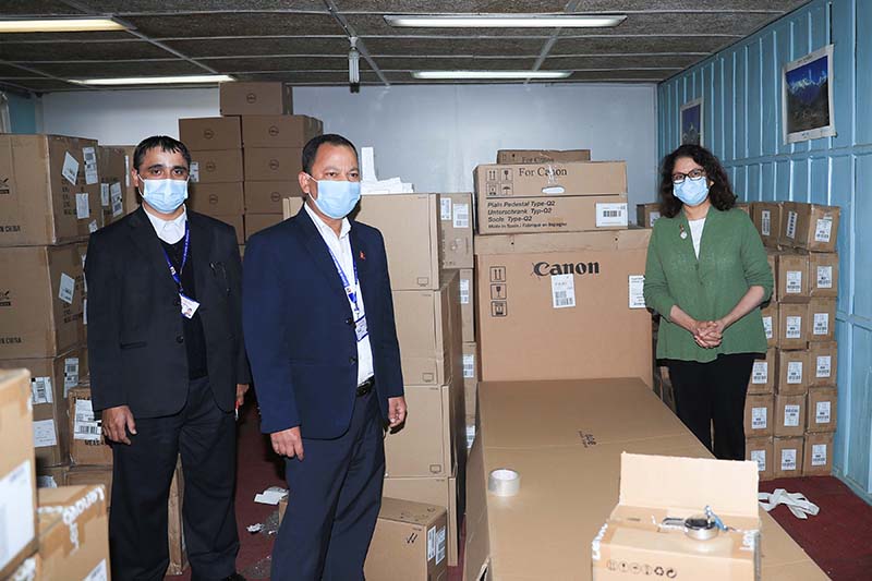 Officials of Central Bureau of Statistics and UNFPA with the census IT equipment, on Wednesday, November 11, 2020. United Nations Population Fund handed over IT equipment to the Central Bureau of Statistics. Photo: THT