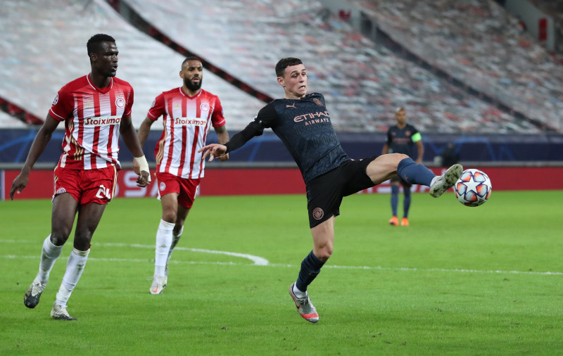 Manchester City's Phil Foden in action during the Champions League Group C match between  Olympiacos and Manchester City, at  Karaiskakis Stadium, in Piraeus, Greece, on November 25, 2020. Photo: Reuters
