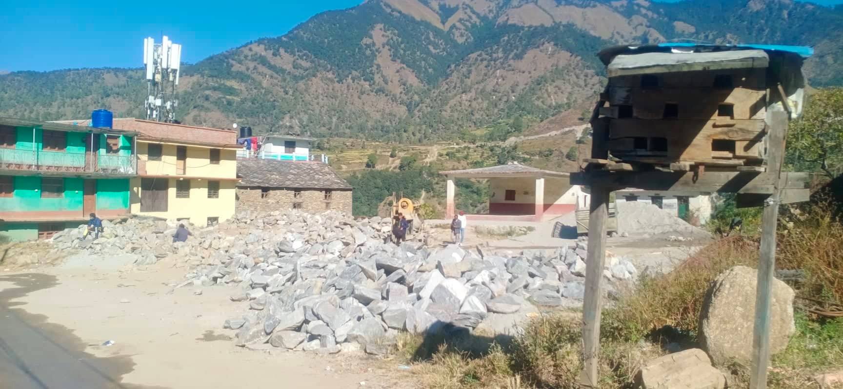 Construction materials stocked by contractors in Khullamanch in Martadi, Bajura, as pictured on Tuesday, November 11, 2020. Photo: Prakash Singh/ THT