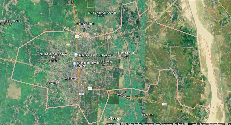 An aerial view of Rajbiraj Municipality in Saptari district. Image: Google Maps