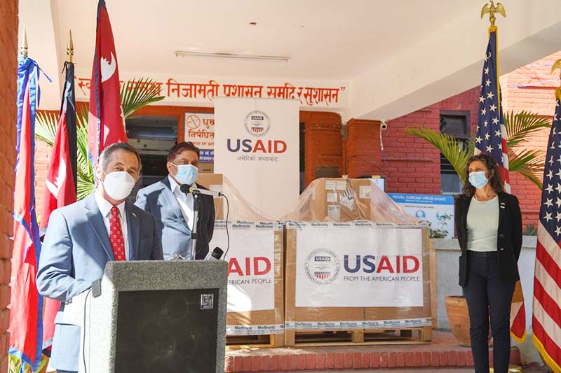 Ambassador of the United States to Nepal Randy Berry addresses a programme organised to donate 100 state-of-the-art ventilators to Nepal through the US Agency for International Development (USAID), to assist its fight against COVID-19, in Kathmandu, on Friday, November 13, 2020. Photo: US Embassy in Nepalu00a0