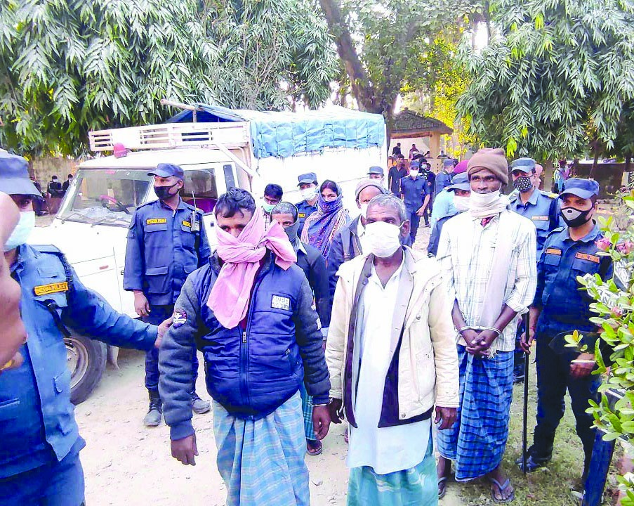 Police taking in custody the parents and others accused in Amritau2019s murder after the court sent them to seven-day remand, in Rautahat, on Sunday. Photo: THT