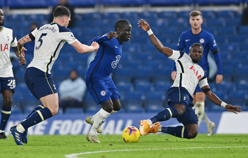 Chelsea's N'Golo Kante in action with Tottenham Hotspur's Pierre-Emile Hojbjerg and Serge Aurier n during their Premier League match at  Stamford Bridge, in London, Britain, on November 29, 2020. Photo: Pool via Reuters