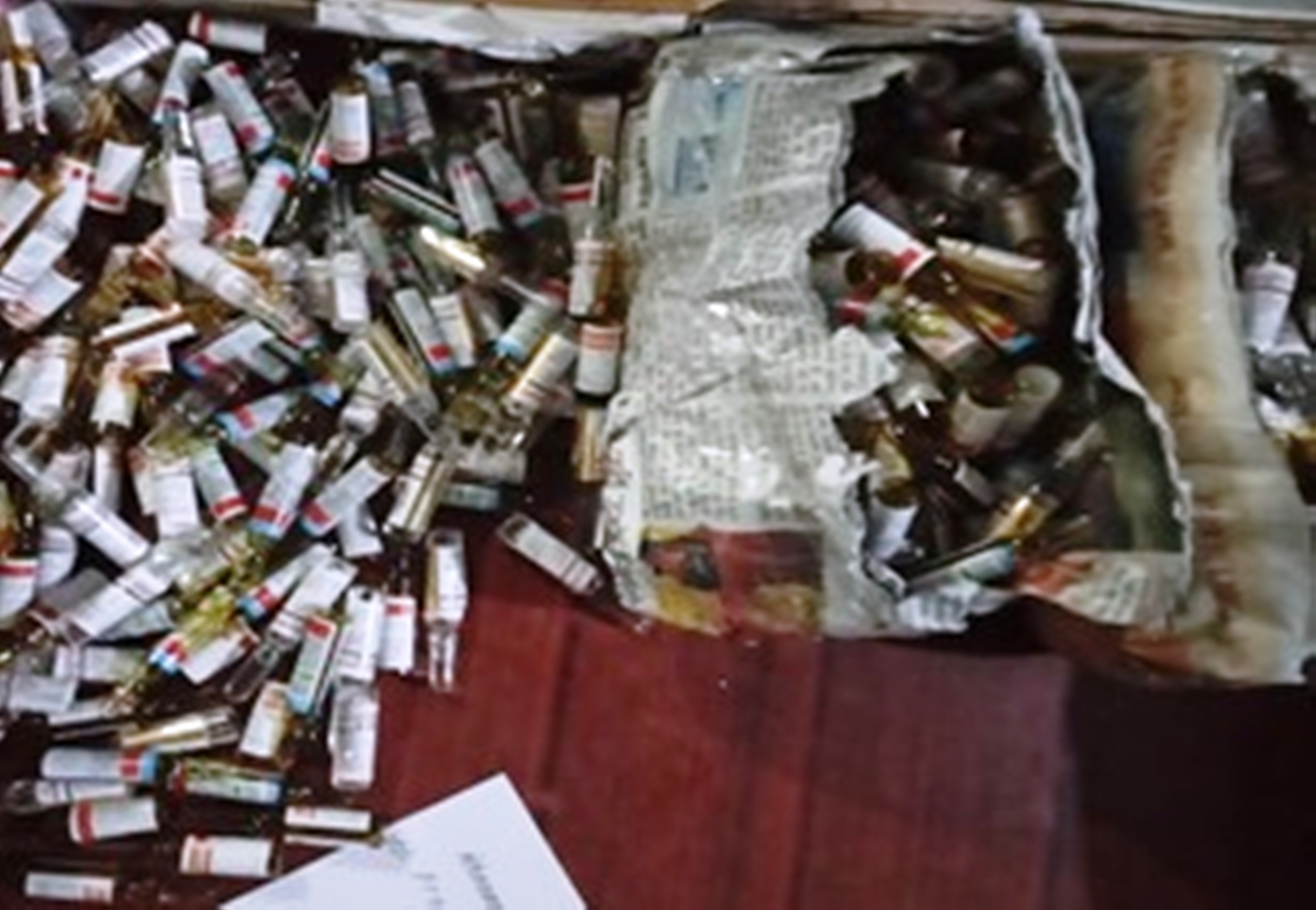 Seized ampoules of prohibited pharmaceuticals-- Diazepam, Phenergan and Nurofen-- have been pictured. Photo: Prabhat Jha/THT