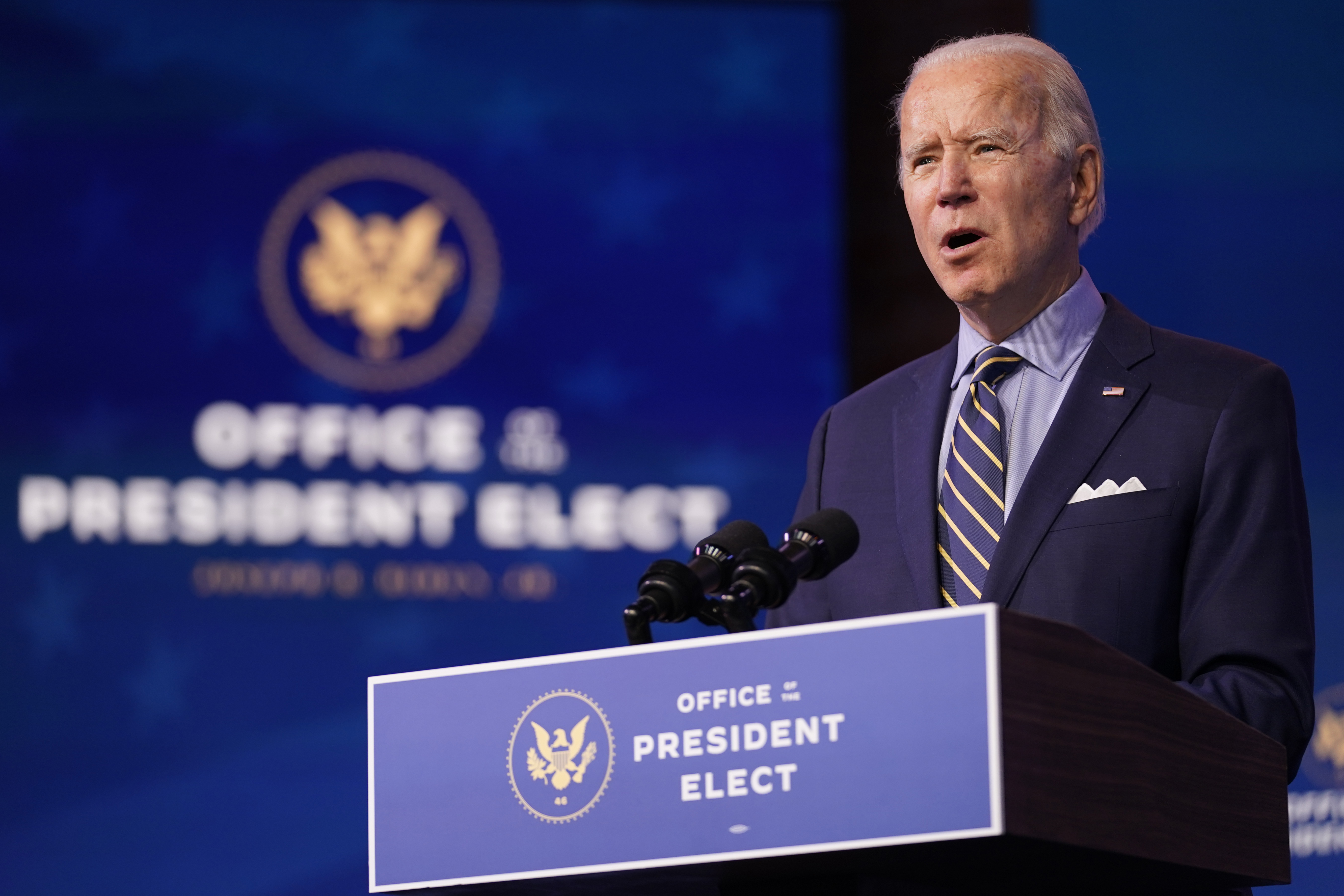 President-elect Joe Biden speaks at The Queen theater, Monday, Dec. 28, 2020, in Wilmington, Del. Photo: AP