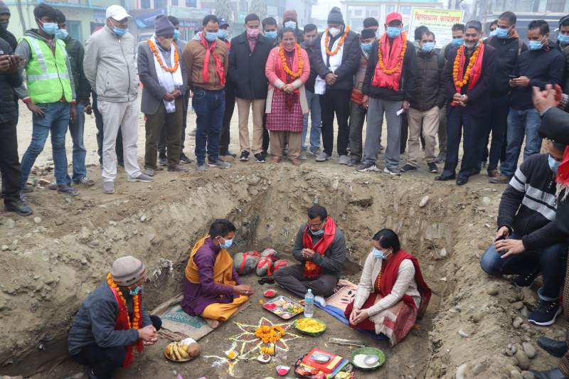 Foundation stone laying ceremony to begin construction of Campus Gate-Chatakpur road section under the Regional Urban Development Project, in Dhangadhi on Thursday, December 10, 2020. Photo: Tekendra Deuba/THT