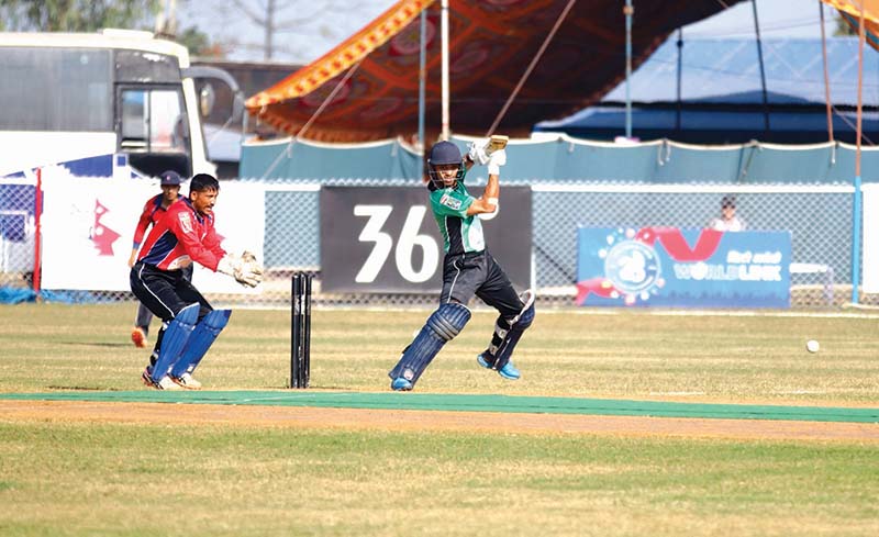 Kushal Bhurtel of Rapti plays a shot against Narayani during the last league round match of the Gautam Buddha Cup at the Gautam Buddha International Stadium in Chitwan on Monday, December 14, 2020. Photo Courtesy: HamroKhelkud