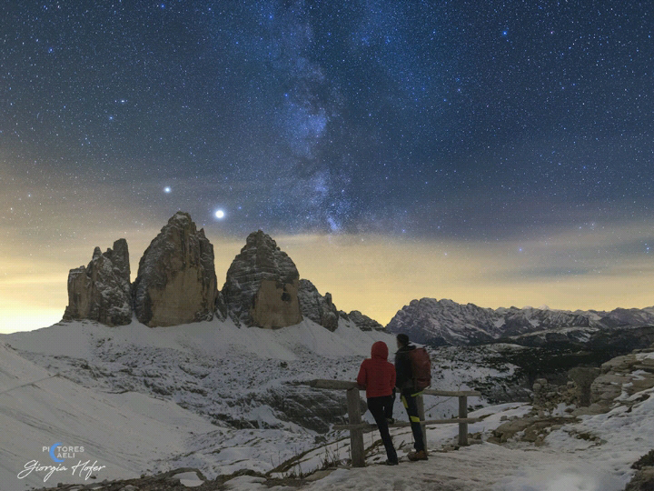 Pictured, the astrophotographer and partner eyed the planetary duo above the Tre Cime di Lavaredo (Three Peaks of Lavaredo) in the Italian Alps in November 2020. Image Credit &amp; Copyright: Giorgia Hofer via NASA