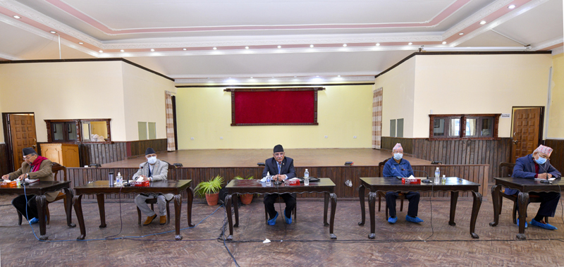 The ruling Nepal Communist Party (NCP)'s Standing Committee meeting underway, before it shortly concluded, at the Prime Minister's official residence, in Baluwatar, Kathmandu, on Sunday, December 13, 2020. Photo Courtesy: Rajan Kafle/Prime Minister's Secretariat 