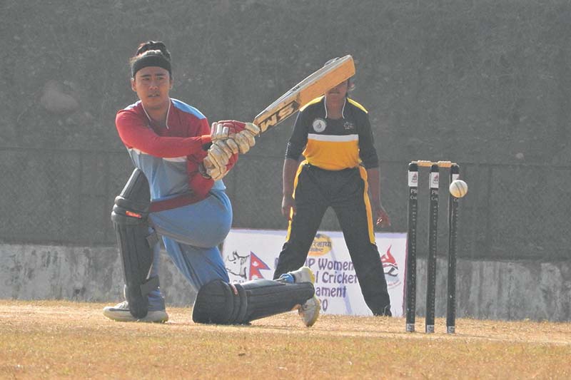 Bagmatiu2019s Suman Khatiwada plays a shot against Gandaki during their Sagarmatha Cemen PM Cup Womenu2019s National Cricket Tournament match in Lamahi, Dang on Wednesday, December 30, 2020. Photo: THT