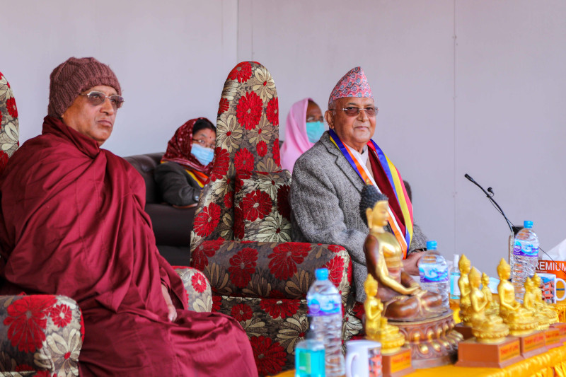 Prime Minister KP Sharma Oli during the foundation stone laying ceremony of u2018Peace Suddammawasa - Elderly Residential Homeu2019 to be constructed on the premises of Sulakshyan Kirti Bihar in Kirtipur Municipality on Tuesday, December 9, 2020. Photo Courtesy:  Rajan Kafle