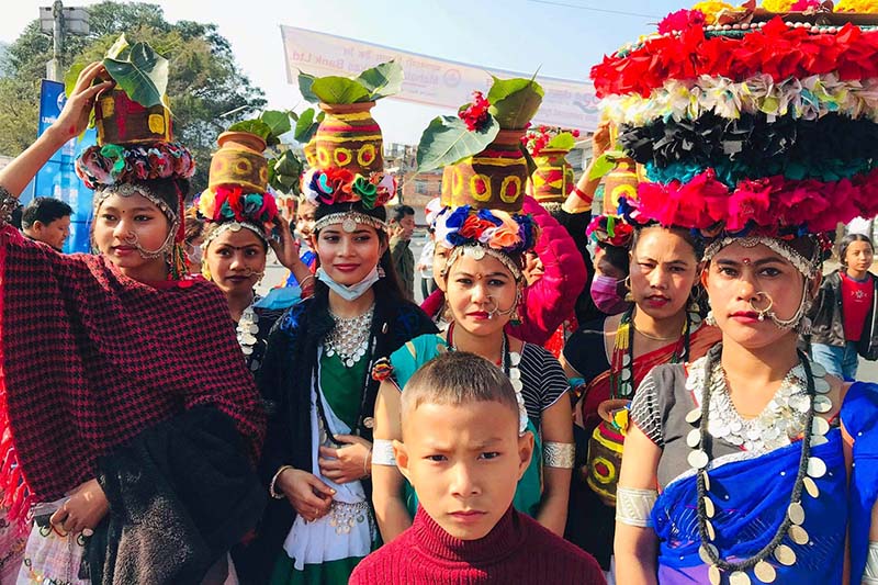 Tharu women in traditional attire participating in the Pokhara Street Festival, on Wednesday, December 30, 2020. Photo: RSS