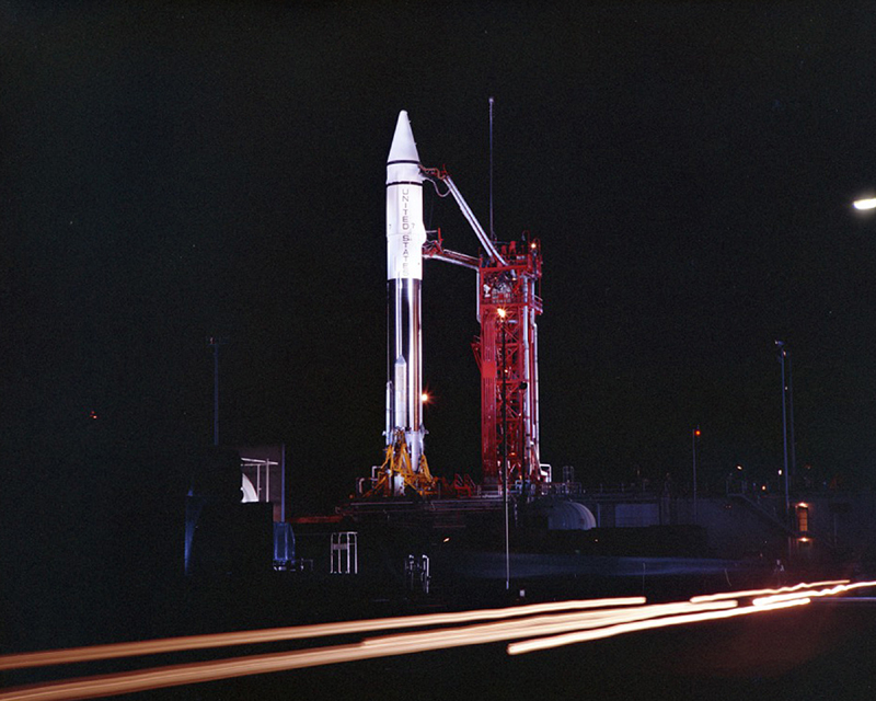 This Sept. 20, 1966 photo provided by the San Diego Air and Space Museum shows an Atlas Centaur 7 rocket on the launchpad at Cape Canaveral, Florida. Photo: Convair/General Dynamics Astronautics Atlas Negative Collection/San Diego Air and Space Museum via AP