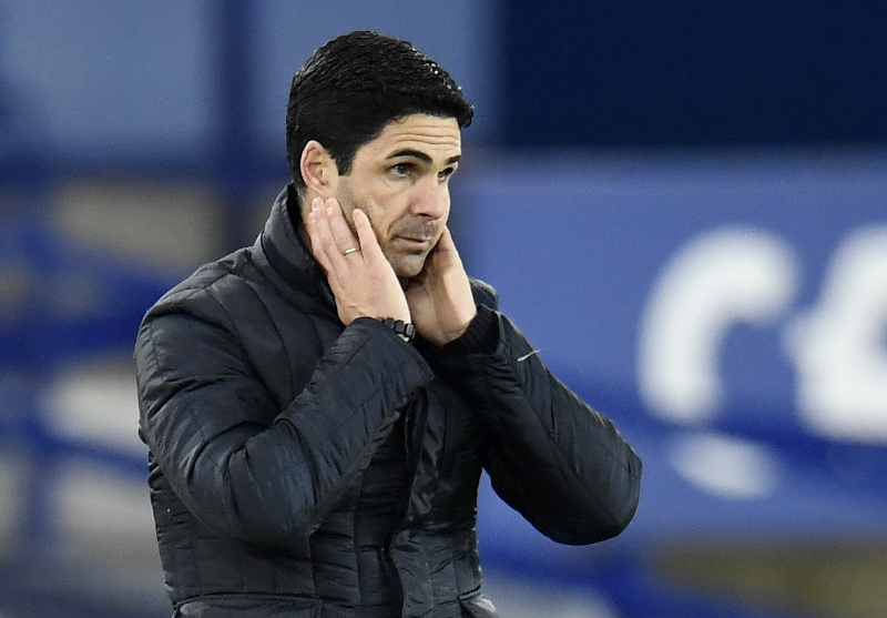Arsenal manager Mikel Arteta looks dejected after the match  during the Premier League match between Everton and Arsenal, at Goodison Park, in Liverpool, Britain, on December 19, 2020. Photo:  Pool via Reuters